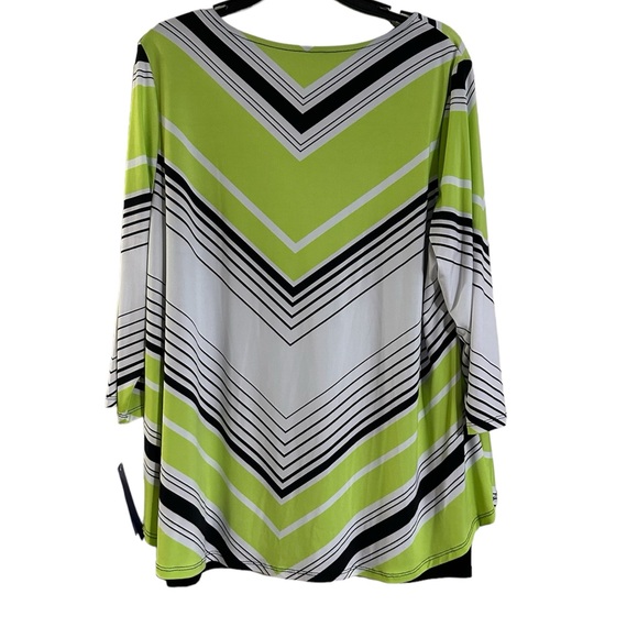 NYGARD Lime green, black white lined V neck top. Size Petite Large. NWT - Picture 2 of 2
